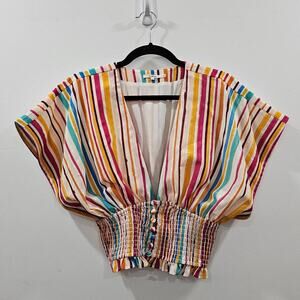 Tularosa Eleanor Top Women Small Multi Color Rainbow Linen blend Stripe Smock
